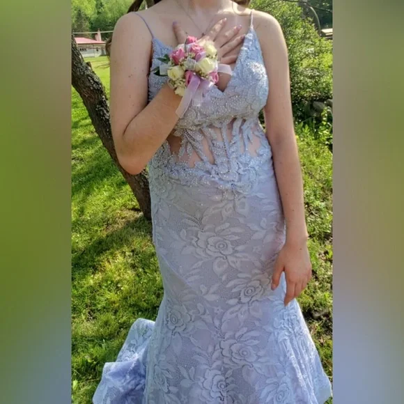 La Femme Lavender Lace Prom Dress - Picture 3 of 12